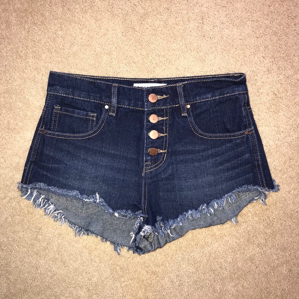 Bullhead High Rise Denim Shorts Size 2 Waist 26 Dark Blue Button Fly Raw Hem